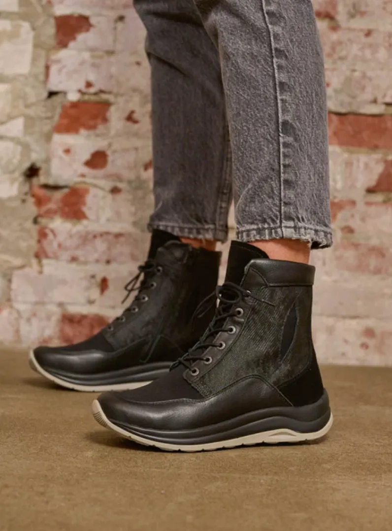 DAMES Wolky Hoge Veterschoenen|Veterlaarzen<Ellon S2F - zwart combi stretchleer