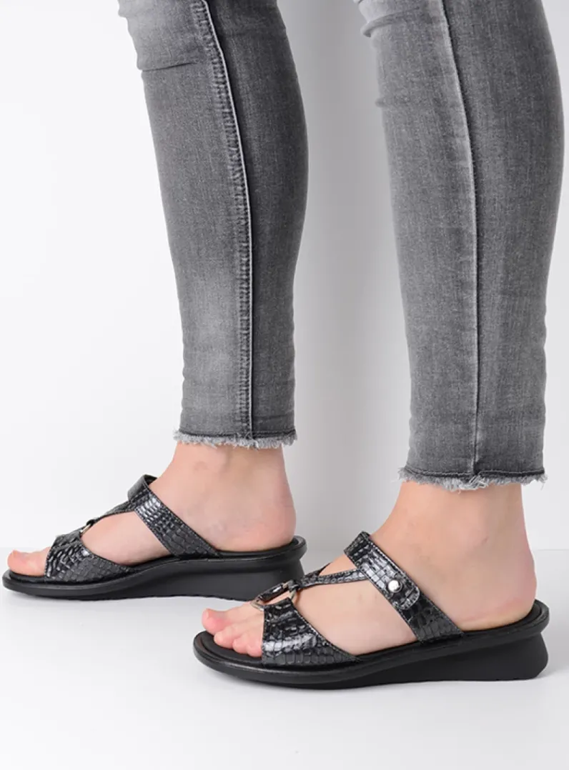 DAMES Wolky Slippers<Isa - antraciet crocolook lakleer