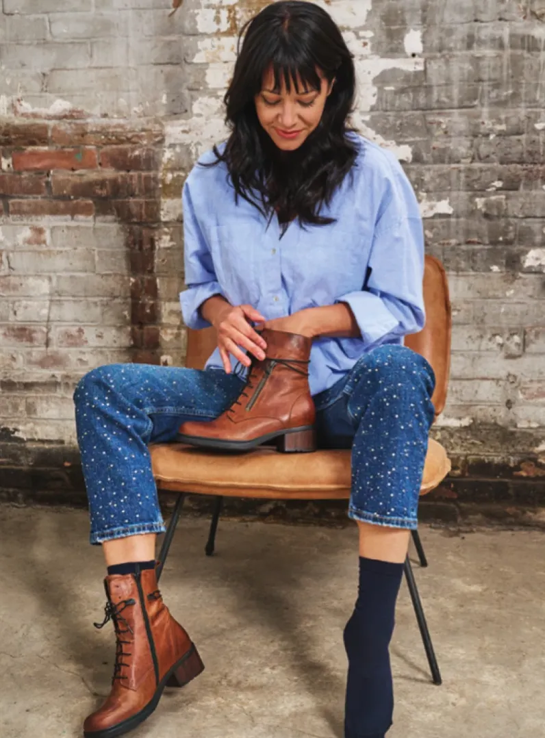 DAMES Wolky Veterlaarzen|Halfhoge Laarzen<Rimbley - cognac leer