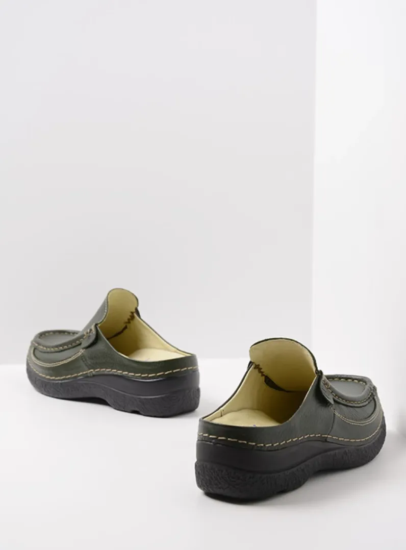 DAMES Wolky Slippers|Klompen<Roll Slide - forestgroen leer
