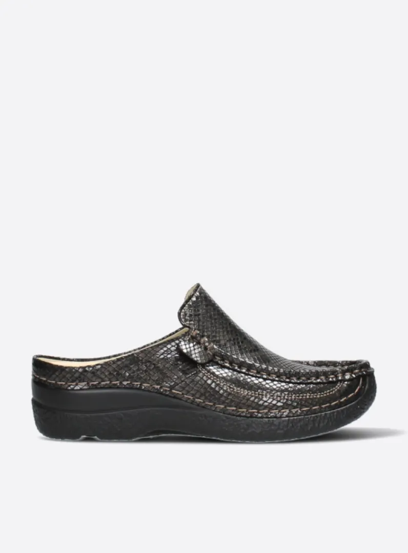 DAMES Wolky Slippers|Klompen<Roll Slide - slangenprint donkerbruin leer