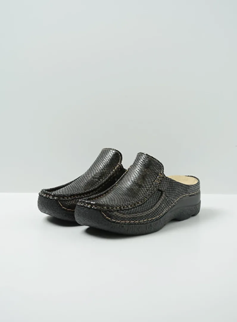 DAMES Wolky Slippers|Klompen<Roll Slide - slangenprint donkerbruin leer