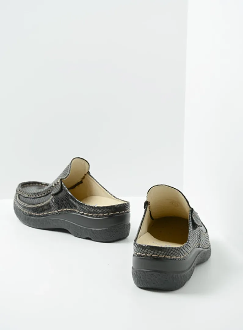 DAMES Wolky Slippers|Klompen<Roll Slide - slangenprint donkerbruin leer